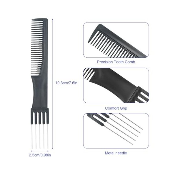 Lot de 4 peignes à cheveux avec broche en métal, peigne de coiffage en carbone noir avec peigne de coupe de cheveux en acier 