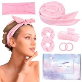 Lot de 7 bigoudis doux sans chaleur en flanelle haute résilience sans chaleur pour cheveux longs et moyens Rose