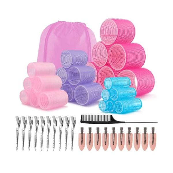 Selutiya Lot de 54 bigoudis avec pinces, rouleaux Velcro pour cheveux, avec clips - Jumbo grand, moyen et petit - Rouleaux Ve