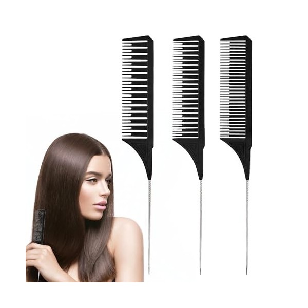Lot de 3 peignes queue de rat en plastique avec poignées en acier inoxydable pour homme et femme Noir