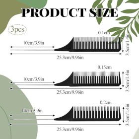 Lot de 3 peignes queue de rat en plastique avec poignées en acier inoxydable pour homme et femme Noir