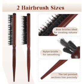 Lot de 2 peignes de taquinerie pour cheveux fins, peigne à queue de rat, brosse à taquiner en poils de sanglier pour coiffeur