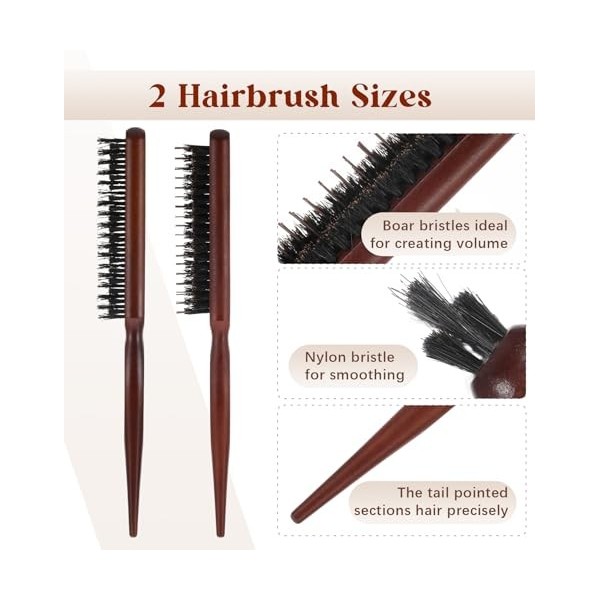 Lot de 2 peignes de taquinerie pour cheveux fins, peigne à queue de rat, brosse à taquiner en poils de sanglier pour coiffeur