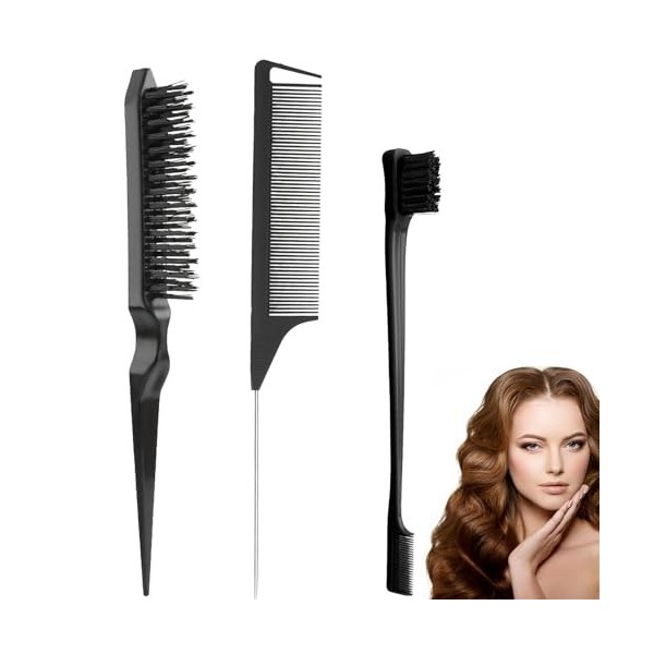 Luoqun88 Lot de 3 brosses à dos lisses pour coiffure, peigne queue de rat, peigne pour lisser les cheveux, brosse à taquiner ...