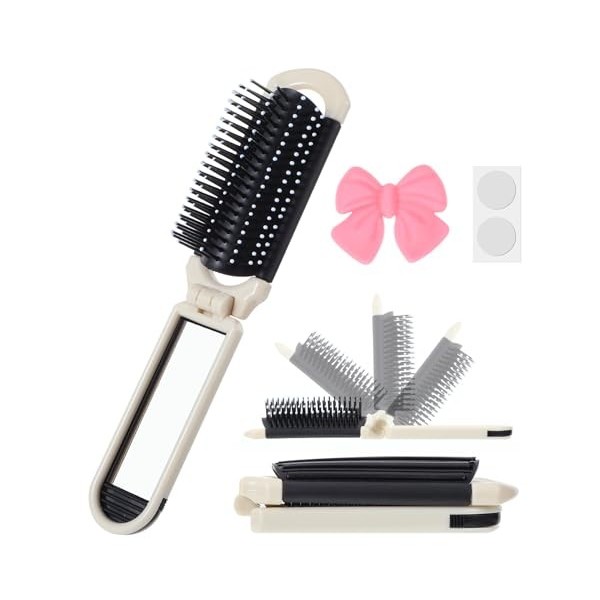 Brosse à cheveux portable, peigne pliable avec miroir amovible et pointe ronde en nylon pour voyage, maison, maquillage, mass
