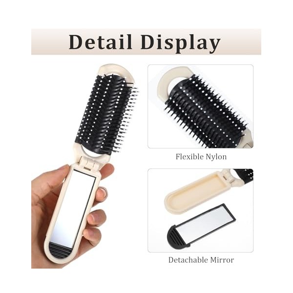 Brosse à cheveux portable, peigne pliable avec miroir amovible et pointe ronde en nylon pour voyage, maison, maquillage, mass