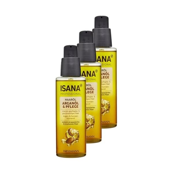 ISANA PROFESSIONAL Huile capillaire Huile dargan & soin, 300 ml 3x 100 ml - Cheveux abîmés & secs - Huile de soin contient