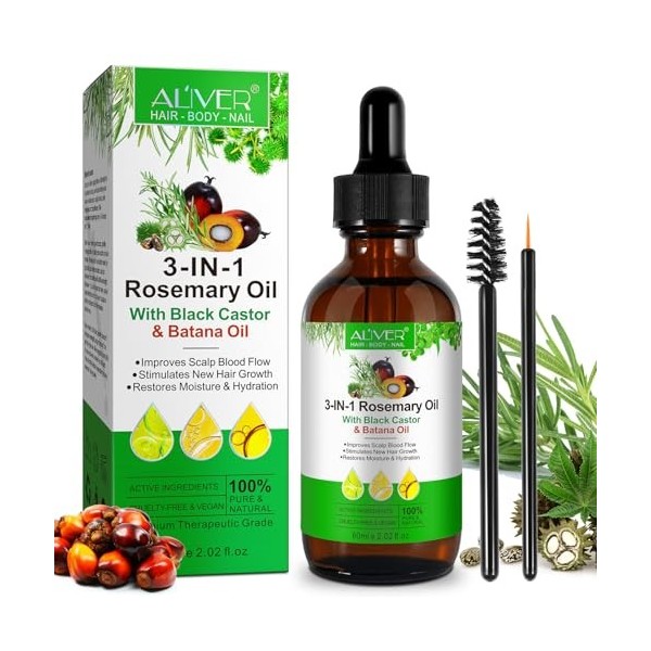 Huile de Romarin et Ricin et Batana pour Cheveux 3 en 1 pour Stimule la Croissance des Cheveux, Nourrir le Cuir Chevelu e Ren
