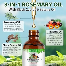Huile de Romarin et Ricin et Batana pour Cheveux 3 en 1 pour Stimule la Croissance des Cheveux, Nourrir le Cuir Chevelu e Ren