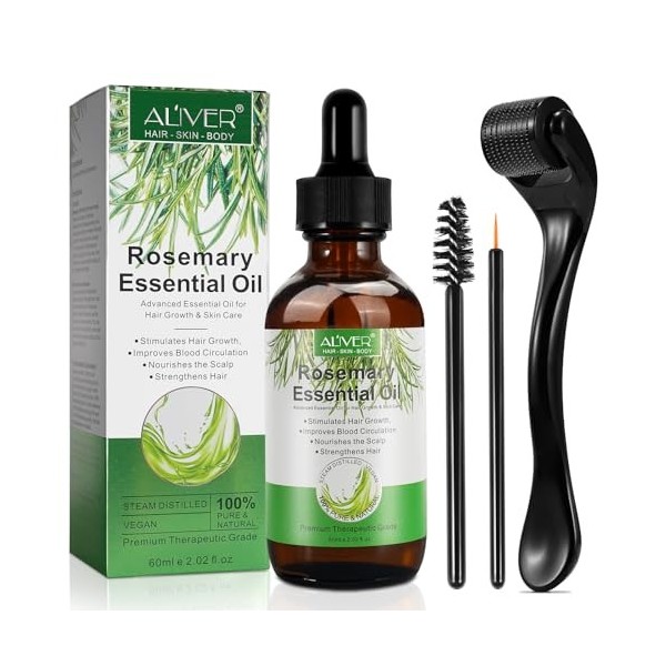 Huile de Romarin pour Cheveux 120 ml avec Dermaroller 0.5mm, 100% Pure Huile Essentielle de Romarin pour Cils, Sourcils, Visa