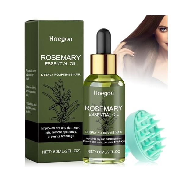 Huile de Romarin pour Cheveux 60ml avec Masseur du Cuir Chevelu 100% Pure Huile Essentielle Romarin Huile Capillaire Tonique 