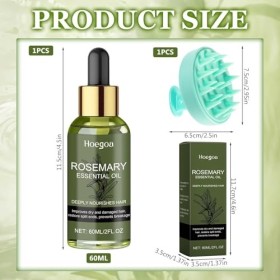Huile de Romarin pour Cheveux 60ml avec Masseur du Cuir Chevelu 100% Pure Huile Essentielle Romarin Huile Capillaire Tonique 