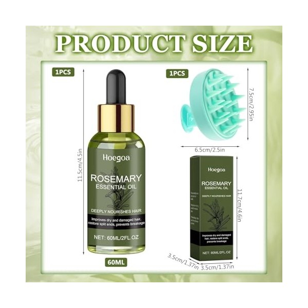 Huile de Romarin pour Cheveux 60ml avec Masseur du Cuir Chevelu 100% Pure Huile Essentielle Romarin Huile Capillaire Tonique 