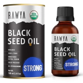 RAWYA Huile de graines noires, biologique, 100 ml, goût extra fort, TQ élevée, pressée à froid, bouteille en verre, Nigella S