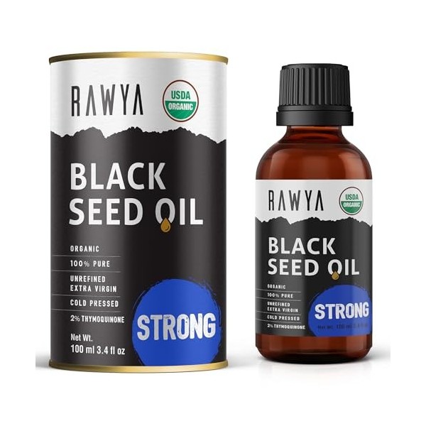 RAWYA Huile de graines noires, biologique, 100 ml, goût extra fort, TQ élevée, pressée à froid, bouteille en verre, Nigella S