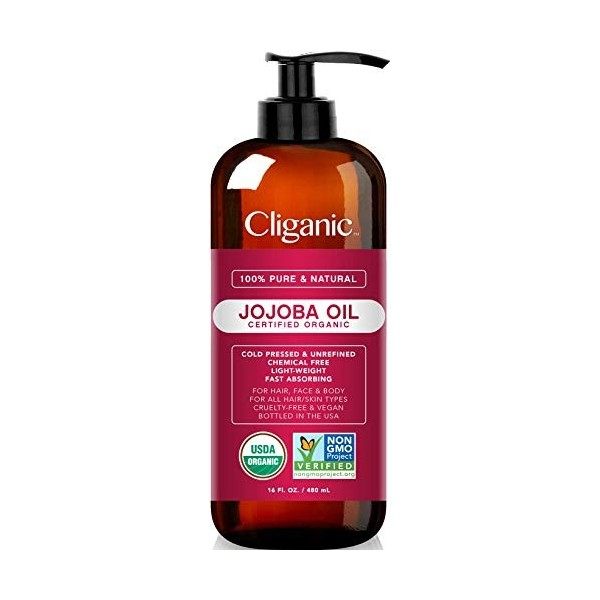 Cliganic Huile de Jojoba bio 100% pur, 480ml - Huile pour cheveux & huile visage naturelle pres-sée à froid | Huile de base –