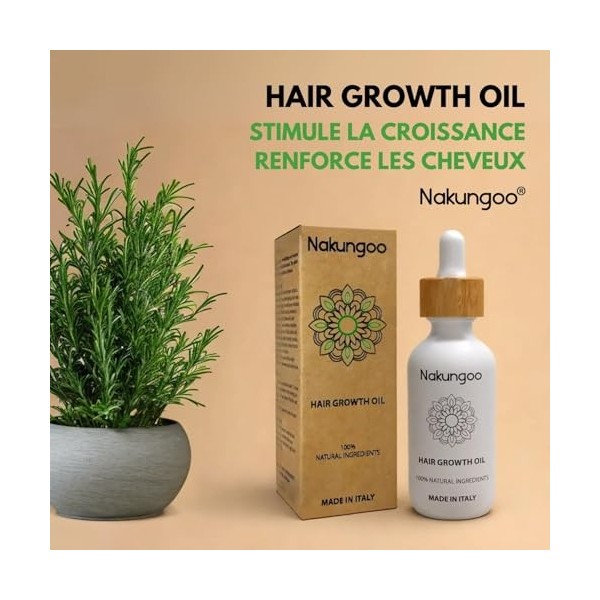 NAKUNGOO Hair Growth Oil Huile Essentielle de Romarin pour la Pousse des Cheveux avec Argan, Menthe Poivrée, Citron, Jojoba |