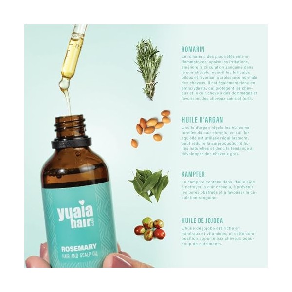 Yuaia Haircare Huile de romarin | Accélérer la croissance des cheveux | 100 % bio | Minimise les pointes fourchues | Soin du 