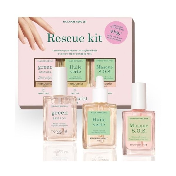 Manucurist Rescue Kit - Coffret Soins Ongles Abîmés : 1 Vernis Transparent Soin Ongle Base Traitante, 1 Masque Réparateur, 1 