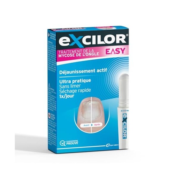 EXCILOR - EASY - Traitement de la Mycose De l’Ongle - Déjaunissement actif - Pratique - Sans Limer - Séchage rapide - 1x/jour
