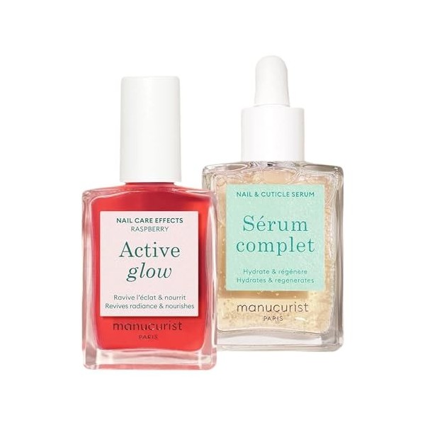 Manucurist Healthy Glow Duo - Vernis à Ongles Soin Reparateur Active Glow Rose Raspberry & Serum Complet Ongles & Cuticule 