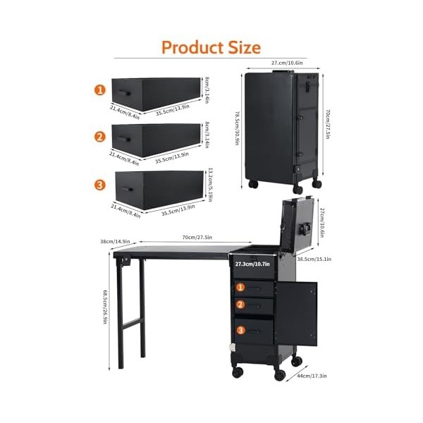 EBANKU Table Manucure Professionnelle à roulettes 360°, Table à Ongles Portable, Pliable, De Voyage, pour CosméTiques, avec T
