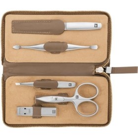 ZWILLING Twinox Case Manicure Pedicure Cowhide Zip Care Set 5-Piece, Taupe, 1 Unité
