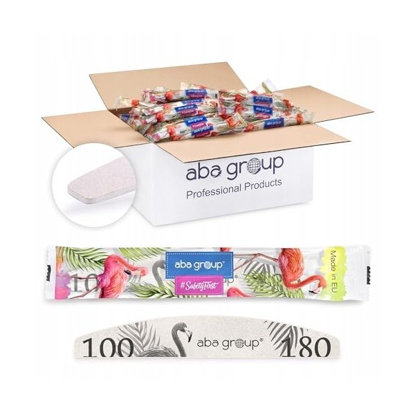 Aba Group Limes à ongles 100/180 demi-lune mince flamant rose paquet sûr, lot de limes à ongles jetables de haute qualité, 50