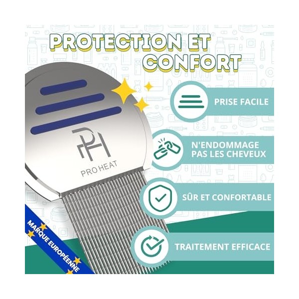 Ph Pro Heat Peigne Anti Poux et Lentes - Peigne Poux et Lentes Extra Fine Acier Inoxydable pour Enfants et Adultes - Peigne à