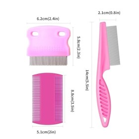 Lot de 3 peignes à lentes double face en acier inoxydable pour adultes, enfants, chiens, chats rose 