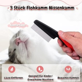 Lice Comb Lot de 3 peignes anti-poux à dents fines en acier inoxydable pour chats et chats Pour poils longs, enfants, adultes