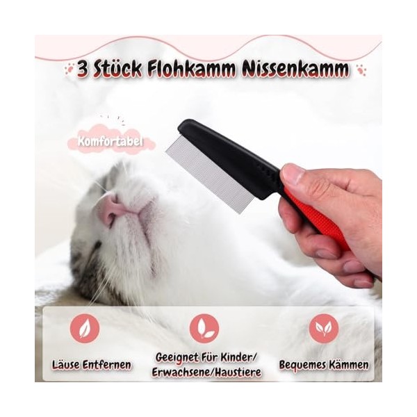 Lice Comb Lot de 3 peignes anti-poux à dents fines en acier inoxydable pour chats et chats Pour poils longs, enfants, adultes