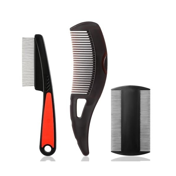 Nogeqi Lot de 4 peignes anti-poux en acier inoxydable avec poignée en silicone - Extra fin - Pour enfants, adultes, chiens et
