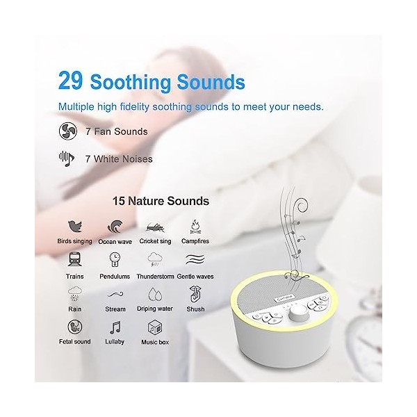 Exmate Machine de Bruit Blanc Portable avec veilleuse,White Noise Machine avec 29 sons apaisants HIFI,contrôle du volume,minu
