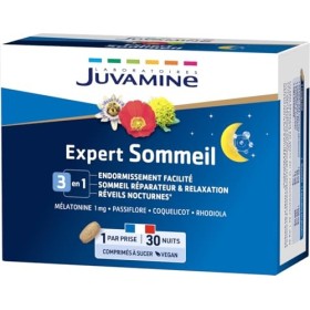 JUVAMINE - Sommeil 3 en 1 Mélatonine + 3 Plantes - Détente et Sommeil de Qualité - 30 Comprimés à sucer