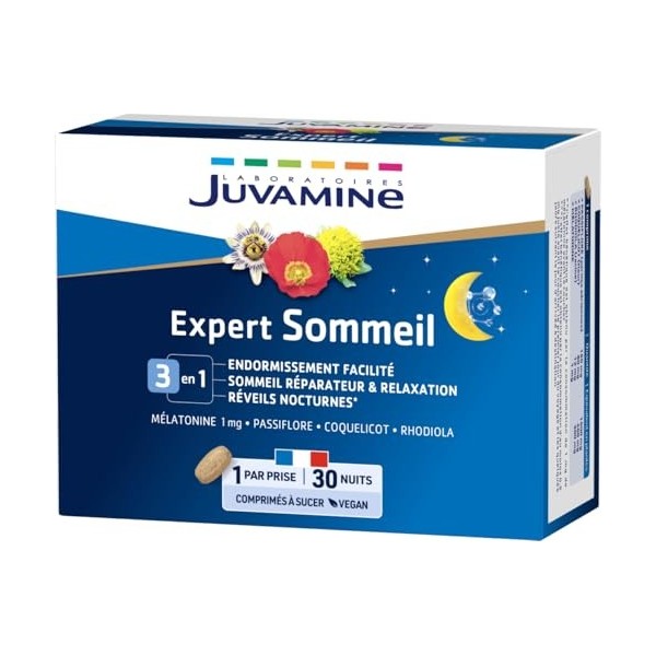 JUVAMINE - Sommeil 3 en 1 Mélatonine + 3 Plantes - Détente et Sommeil de Qualité - 30 Comprimés à sucer