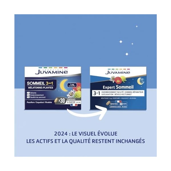 JUVAMINE - Sommeil 3 en 1 Mélatonine + 3 Plantes - Détente et Sommeil de Qualité - 30 Comprimés à sucer