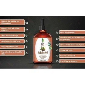SVA ORGANICS Huile de jojoba biologique pressée à froid certifiée USDA avec compte-gouttes 4 oz pure huile de support non raf