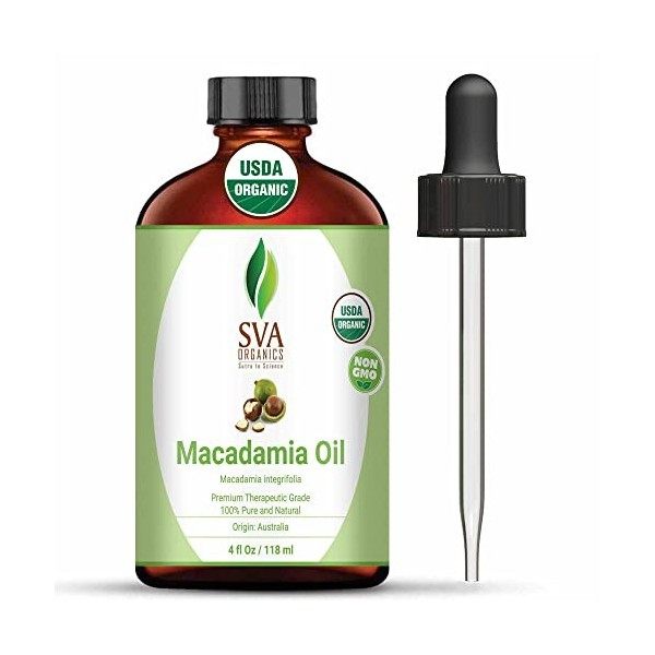 SVA ORGANICS Huile de support de macadamia certifiée biologique avec compte-gouttes - 118 ml 4 oz liq. 100% pure, pressée à