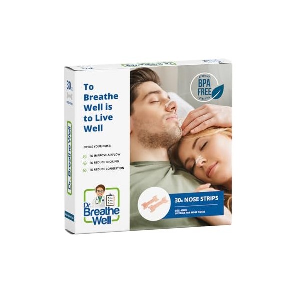 Dr. Breathe Well™ - 30 pansements nasaux - Taille 43 mm petit/moyen - Pansements anti-ronflement - Facile à enlever - Tout si