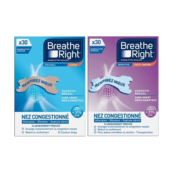 BREATHE RIGHT Lot Bandelettes Nasales Original, Beige, 30 unités + Breathe Right Bandelettes Nasales Sensitive, Transparentes