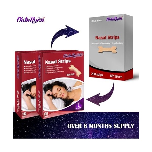 OntaRyon Bandelettes Nasales Lot de 200 grandes Bandes Nasales, Anti-Ronflement pour mieux respirer par le nez, Écarteur Na