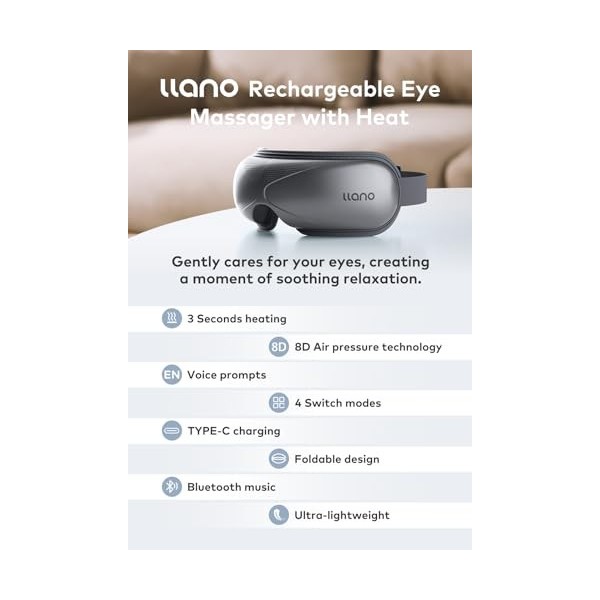 llano Masseur des yeux avec chaleur pour les migraines, masque de massage pour les yeux, massage de compression intelligent p