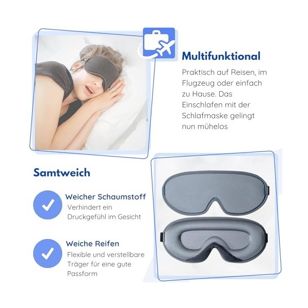 Hilvard Masque de sommeil pour les yeux avec bouchons doreille de sommeil 100 % occultant, réglable, ergonomique, rose