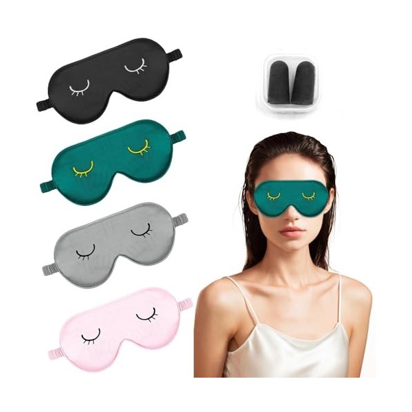 ZYNERY Lot de 4 masques de sommeil en soie simulée, super doux, avec 2 paires de bouchons doreilles, pour enfants, filles, f