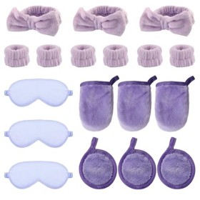 Lot de 18 accessoires de fête spa, bandeau de toilette, gants et coussinets réutilisables, masque pour les yeux en soie synth