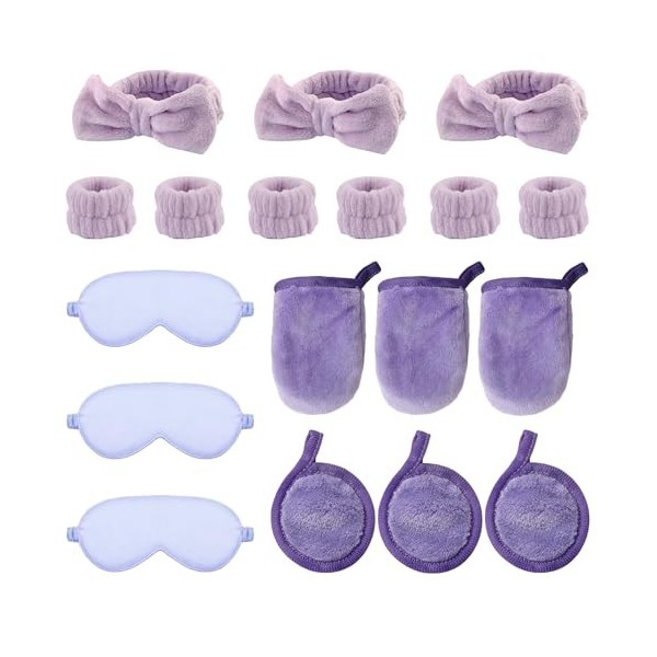 Lot de 18 accessoires de fête spa, bandeau de toilette, gants et coussinets réutilisables, masque pour les yeux en soie synth