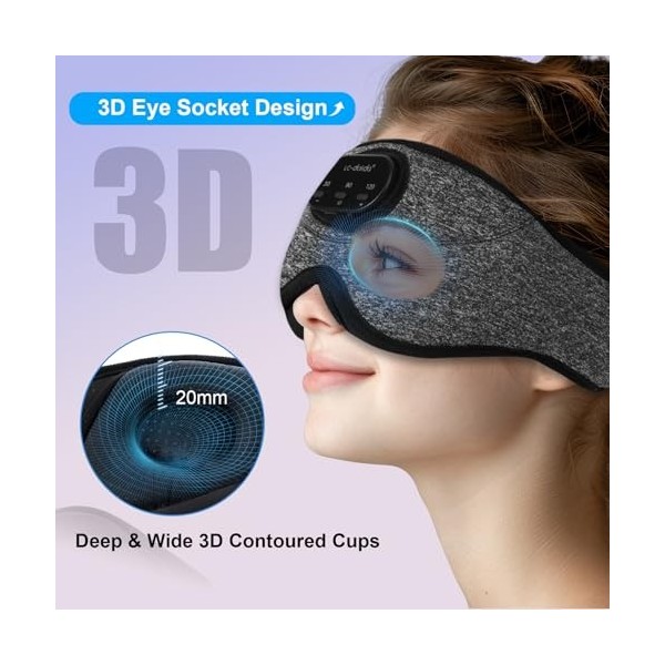 LC-dolida Casque Bluetooth avec masque pour les yeux intégré 38° - Bruit blanc apaisant - 100 % occultant - Musique 3D - Casq