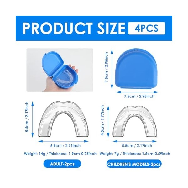 Lot de 4 protège-dents pour le grincement des dents, protège-dents pour dormir, 2 tailles pour adultes, protège-dents pour br