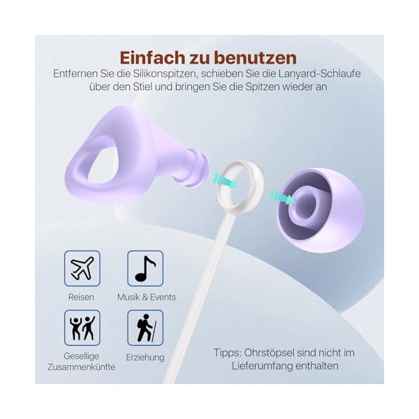 Cordon de connexion pour bouchons doreille - Cordon en silicone flexible - Fonctionne avec la plupart des bouchons doreille